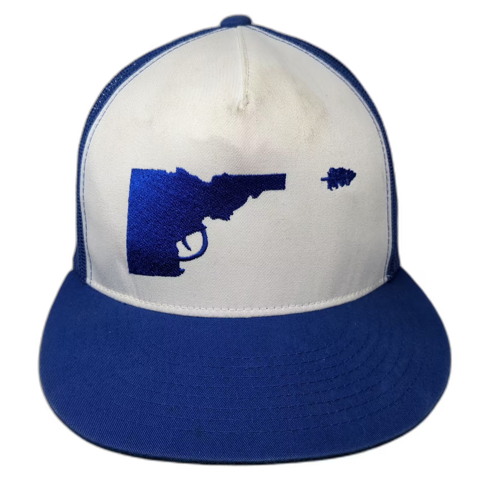 Yupoong Blue Trucker Hat One Size Pistol Embroidered Mesh Snapback Adjustable